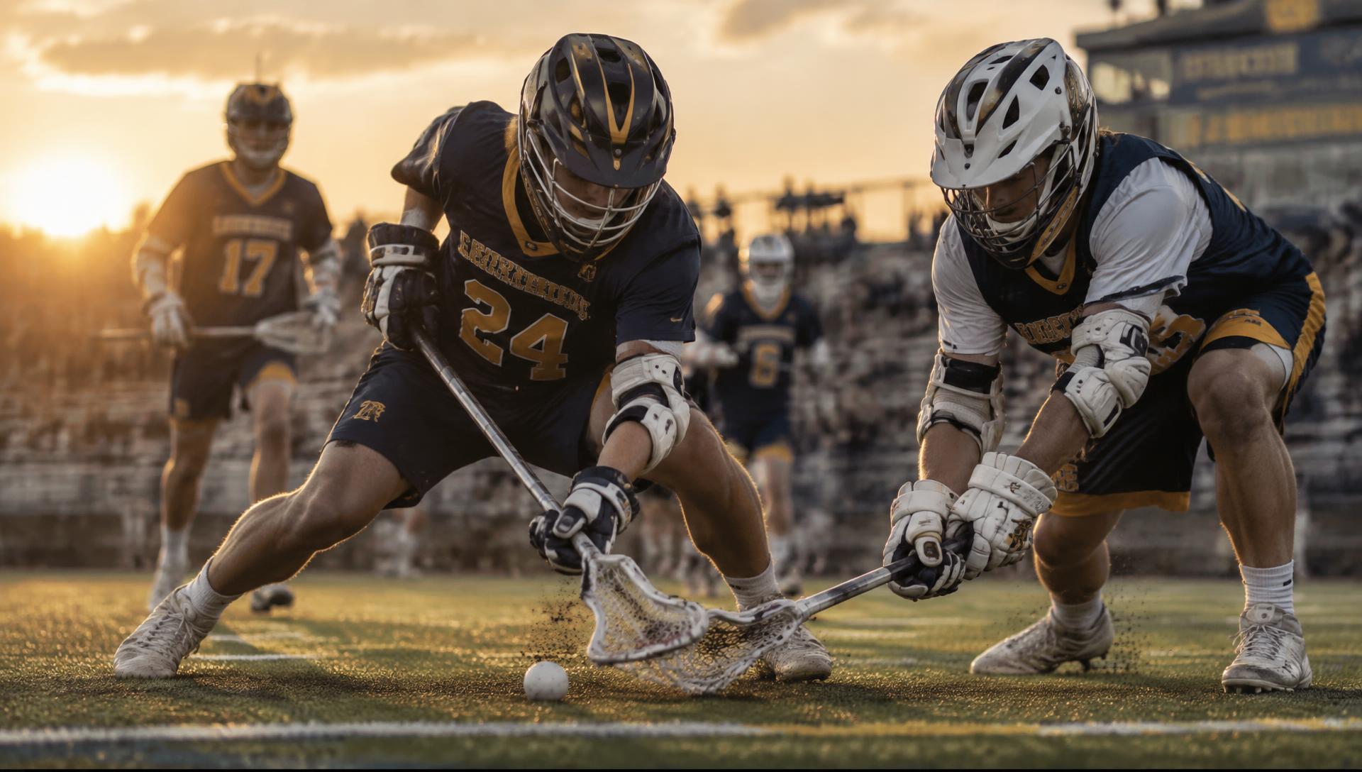 Youth lacrosse players battling for a ground ball